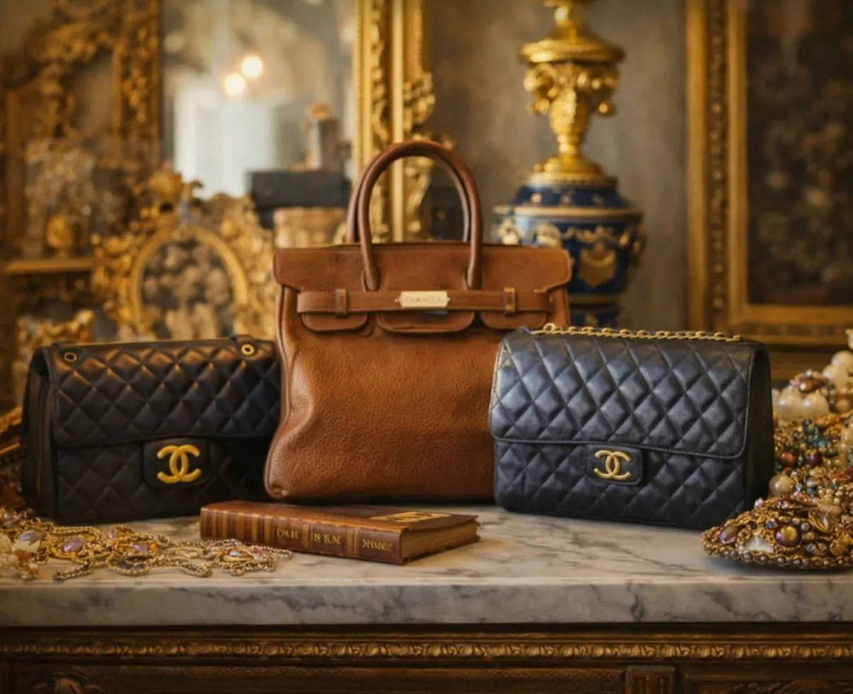 Sacs en cuir de grandes maisons posés sur une console en marbre, devant un miroir doré